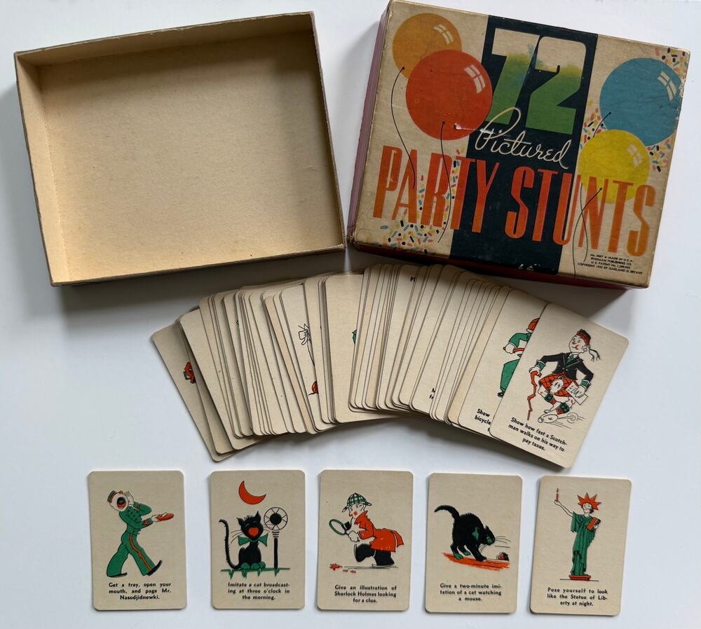 1935 Whitman Party Stunts Card Game W/ Box 65 Cards Included Statue of Liberty